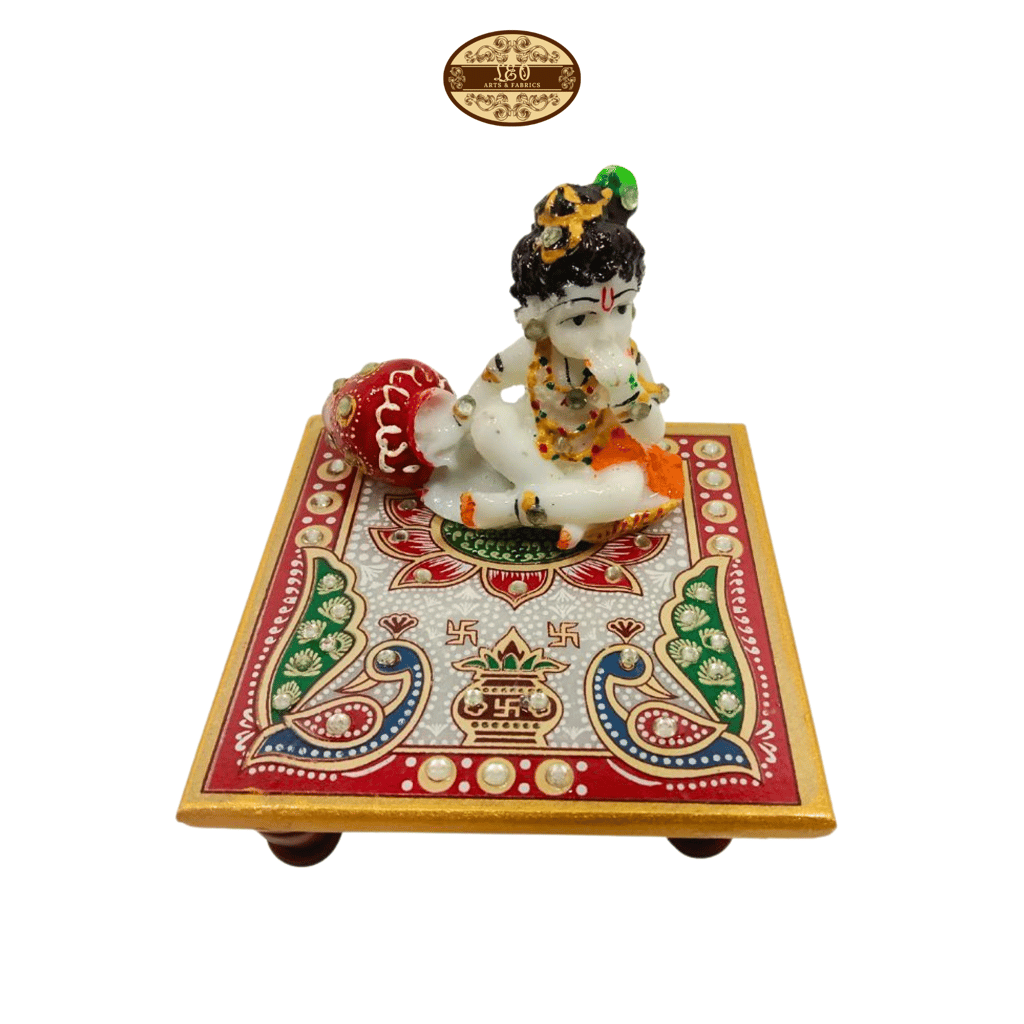 Handcrafted Marble Chowki with Krishna Idol, 10 x 10 x 3 cm Chowki, 8 x 4 x 7 cm Krishna Idol view 2