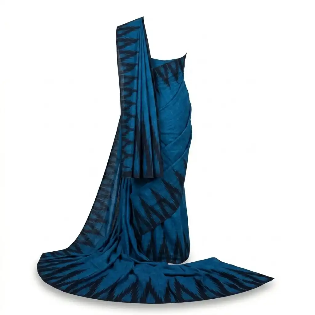 Sambalpuri Blue Zigzag Heritage Ikat Handloom Saree view 2