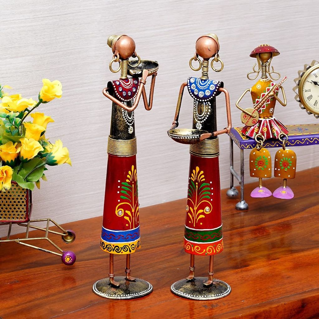 Riddhi Siddhi Handicraft Metal Rural Lady Decorative Showpiece Figurine Statue for Home Décor (Set of 2) Red