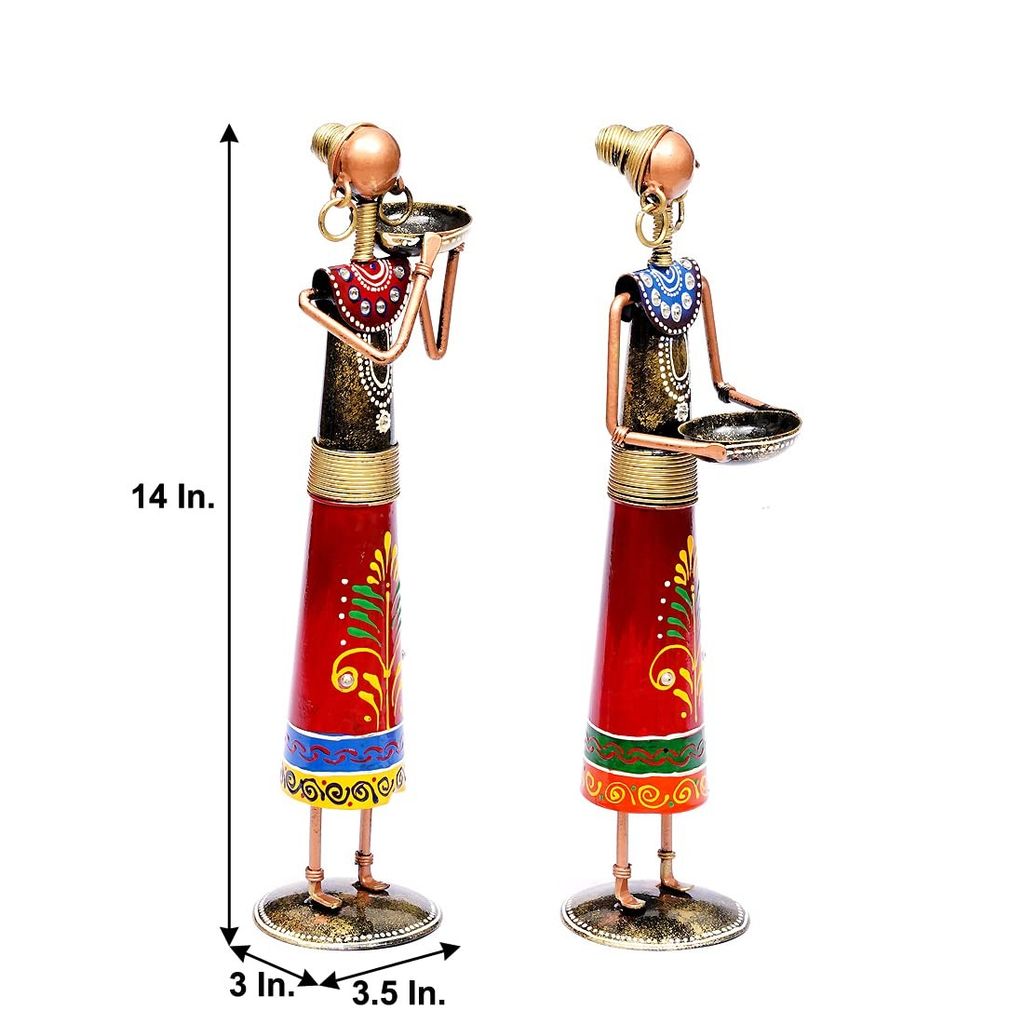 Riddhi Siddhi Handicraft Metal Rural Lady Decorative Showpiece Figurine Statue for Home Décor (Set of 2) Red view 2
