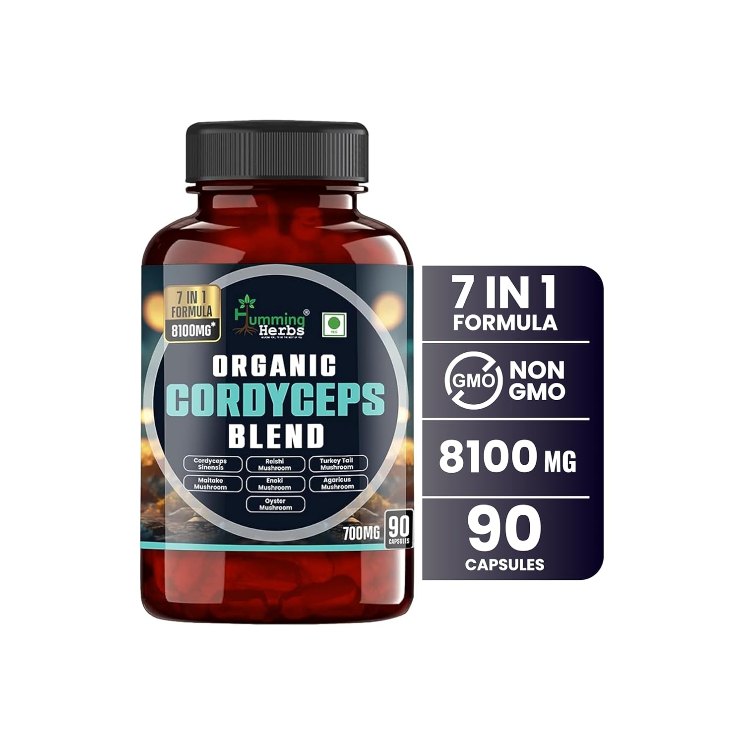 Humming Herbs Organic Cordyceps sinensis Keeda Jadi with Reishi, Chaga, Enoki, Oyster & Maitake Mushroom Supports Lungs detox and Immune Support 7in1 Formula,8100mg, 90 Capsules view 2