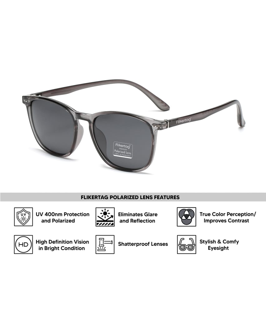 Flikertag Polarized Sunglasses With UV Protection For Men & Women | HD Vision with Grey Lens [FTS 561 F3 Square/Wayfarer Shiny Grey Frame with Smoke lens, 54mm]