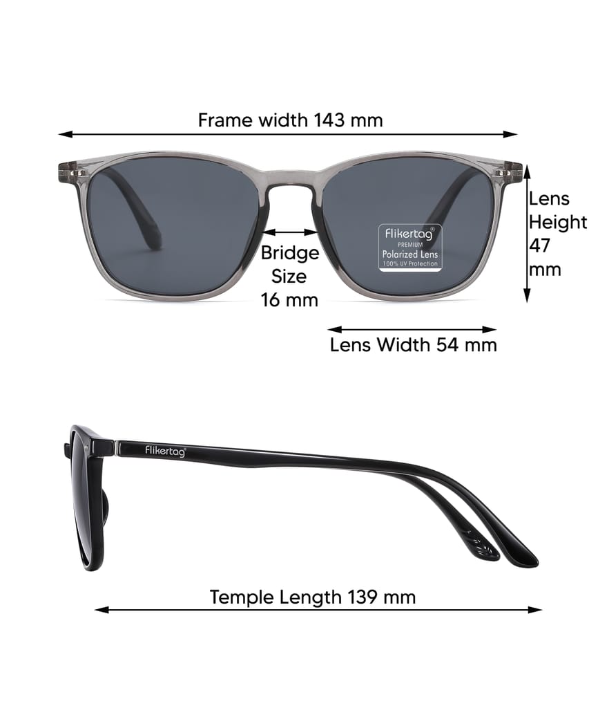 Flikertag Polarized Sunglasses With UV Protection For Men & Women | HD Vision with Grey Lens [FTS 561 F3 Square/Wayfarer Shiny Grey Frame with Smoke lens, 54mm] view 2