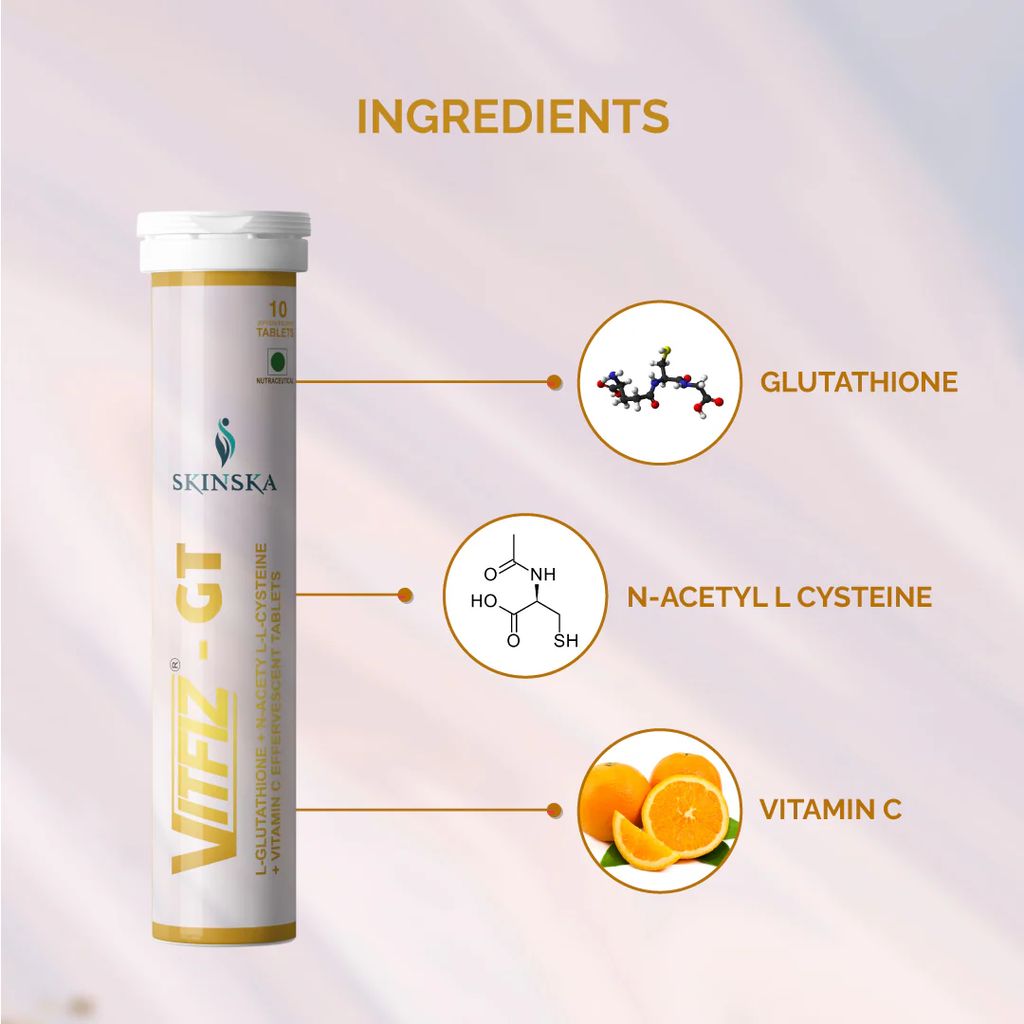 Vitfiz - GT, 10 effervescent tablets with vitamin C, Glutathione and N - Acetyl cysteine for immunity boosting and overall skin health view 2