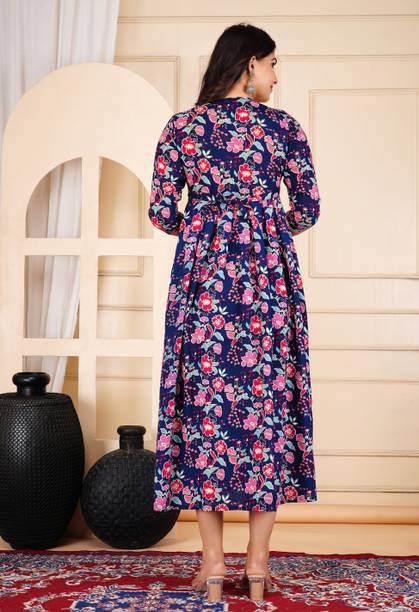 Women Printed Cotton Blend Anarkali Kurta (Blue) view 2