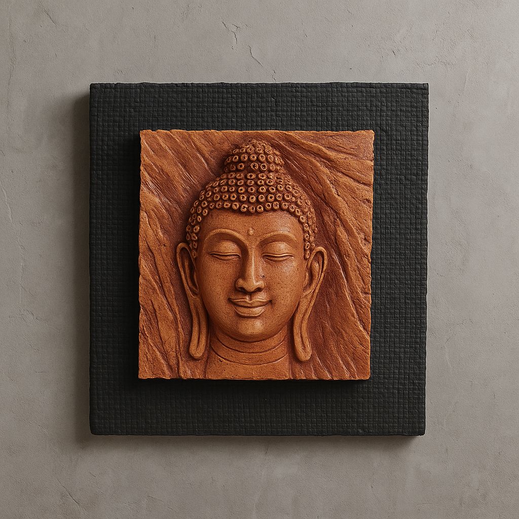 Terracotta Buddha Face Wall Art on Textured Base view 2