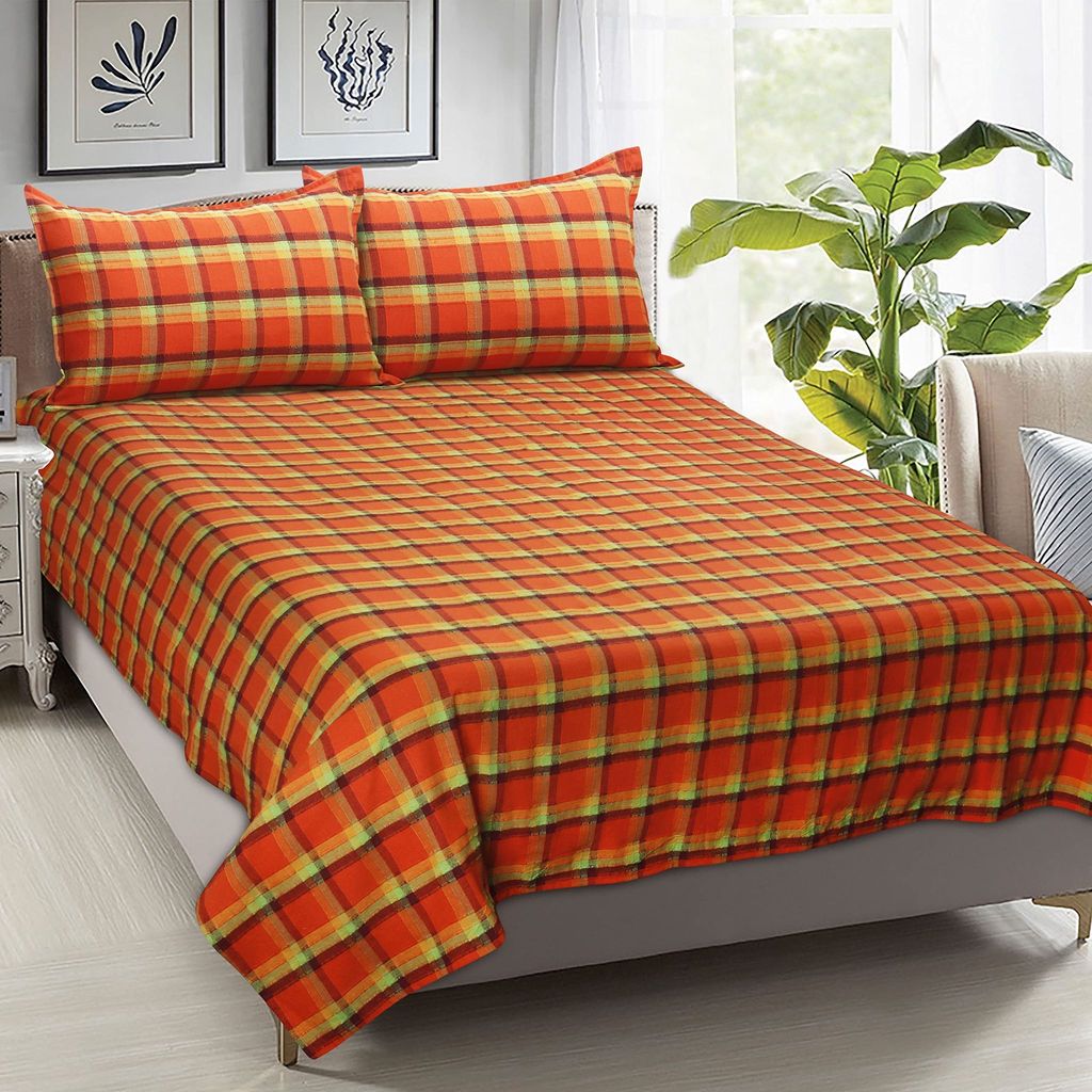 AIRWILL, 200GSM Handloom Cotton Double Bedsheet with 2 Pillow Covers, Iron Dobby Checked Designer Weaved Orange and Green - Pack of 3 pcs view 2