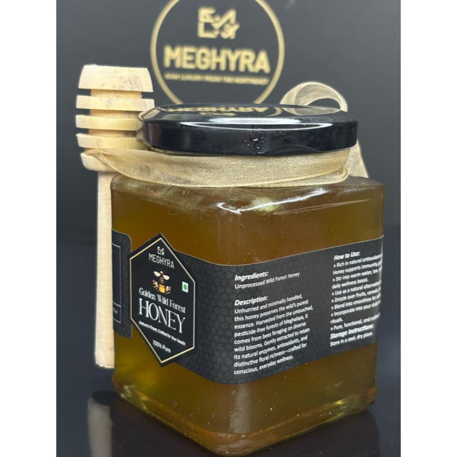 MEGHYRA GOLDEN WILD FOREST HONEY - 300 gm - One glass jar with wooden dipper view 2