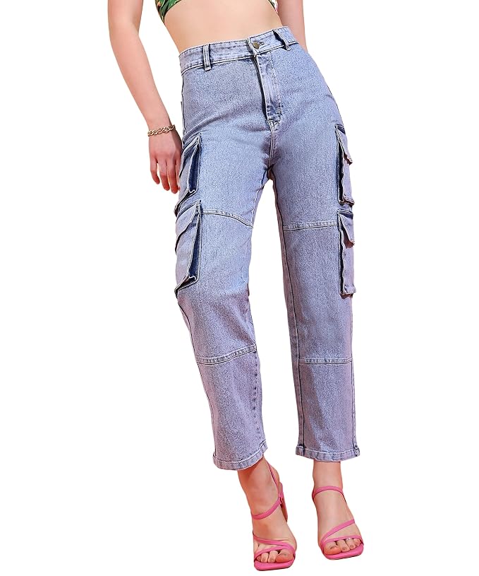 Glossia Fashion Light Blue Women Cargo Jeans | High Waist Stretchable Wide Leg Straight Fit Denim| Boyfriend Jeans for Women - 34