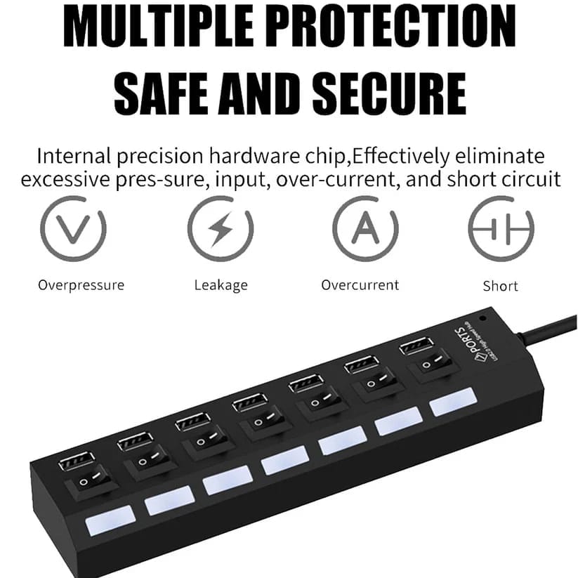 USB Splitter Multi Port USB 2.0 Hub, 7 Port with Independent On/Off Switch and LED Indicators USB A Port Data Hub, Suitable for PC Computer Keyboard Laptop Mobile HDD, Flash Drive Etc view 2