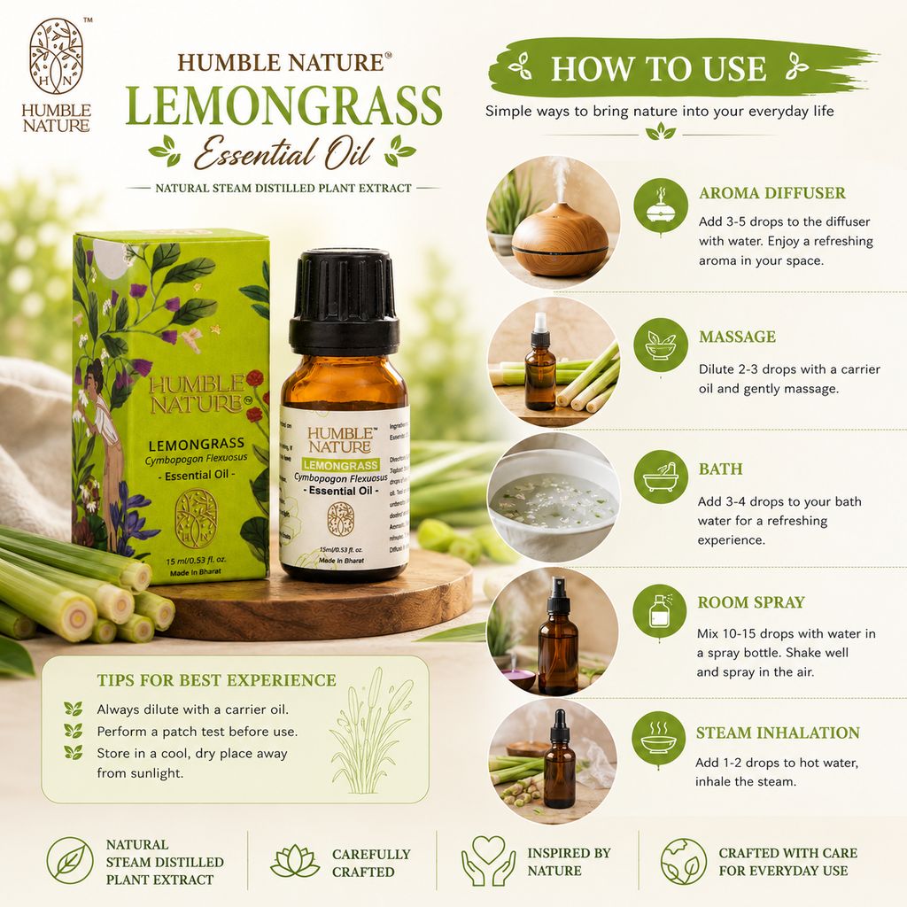 Humble Nature Lemongrass Essential Oil 15 ml | Steam Distilled | GC-MS Tested | Diffuser, Aromatherapy, Massage Blend, Home Fragrance & DIY Use view 2
