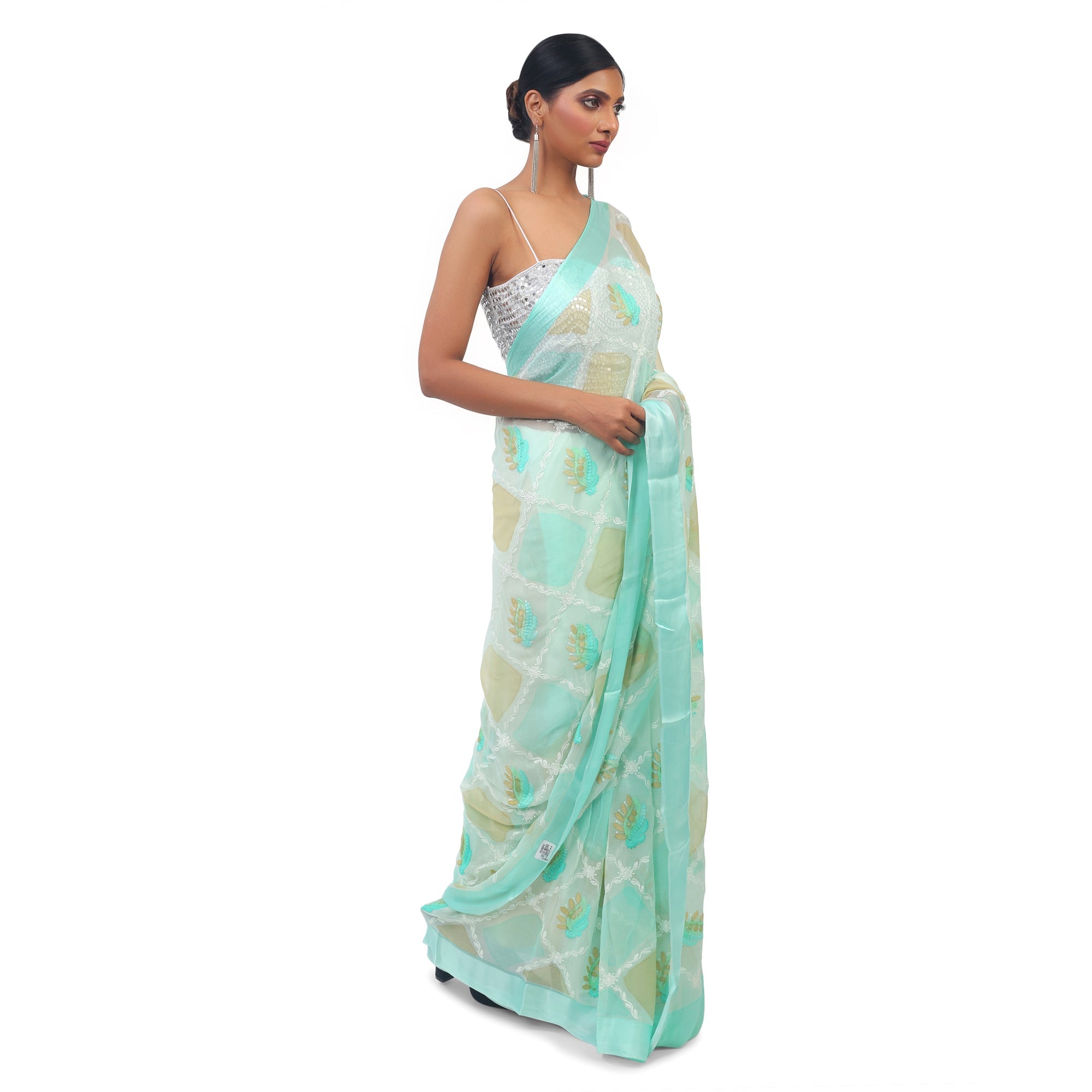 TheHangr Sky Blue Soft Chiffon Saree With Beautiful Thread Work view 2