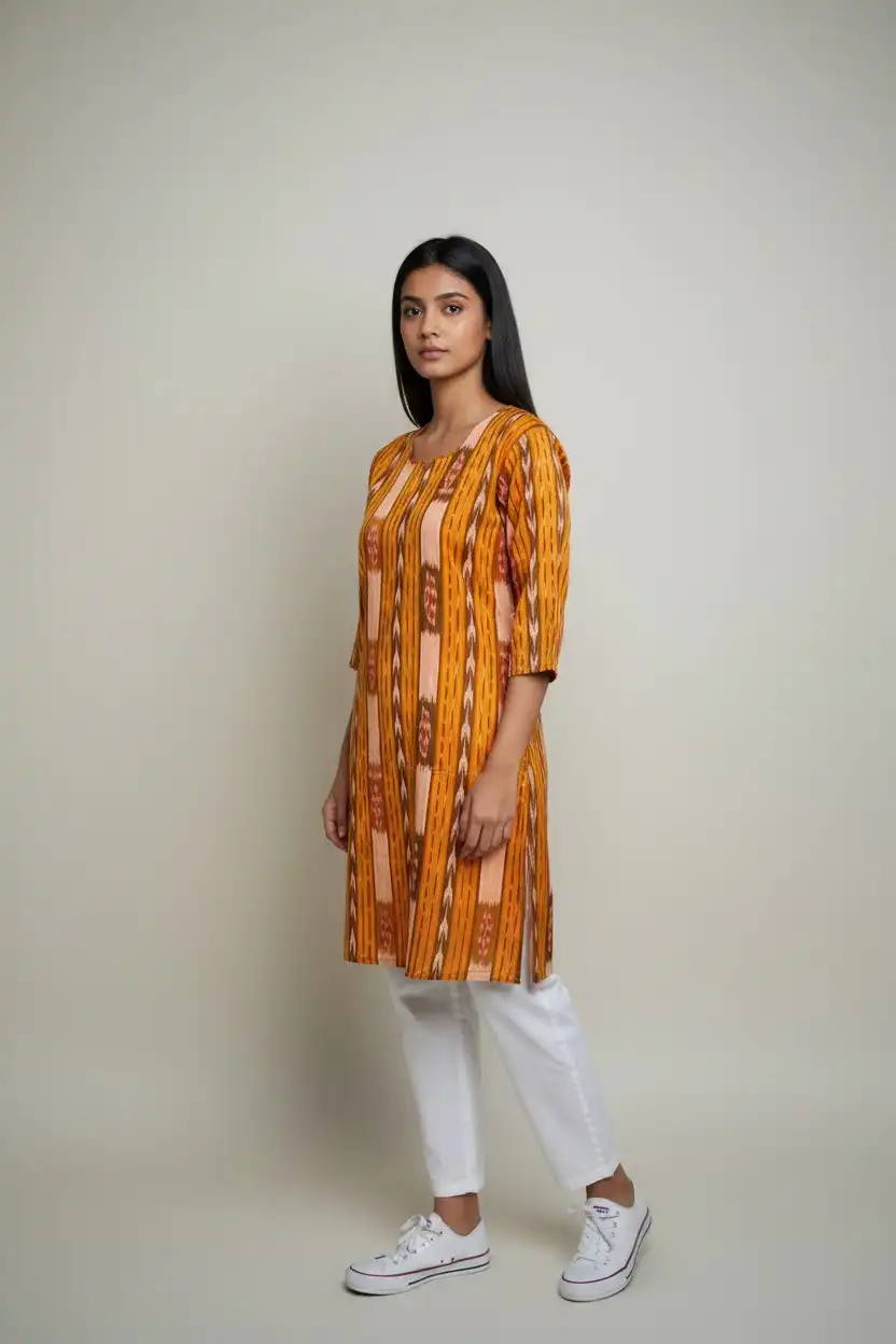 Sambalpuri Ikat Diamond Orange-Odisha Handloom Cotton Kurti view 2