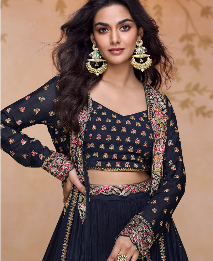 New Wedding Wear 3-Piece Anarkali Set for Women (Navy Blue) view 2