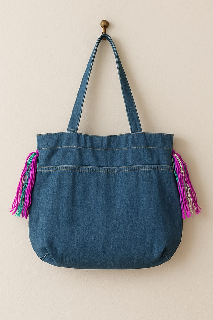 Denim Tote Bag with Pom-Poms and Tassels - Stylish & Durable view 2