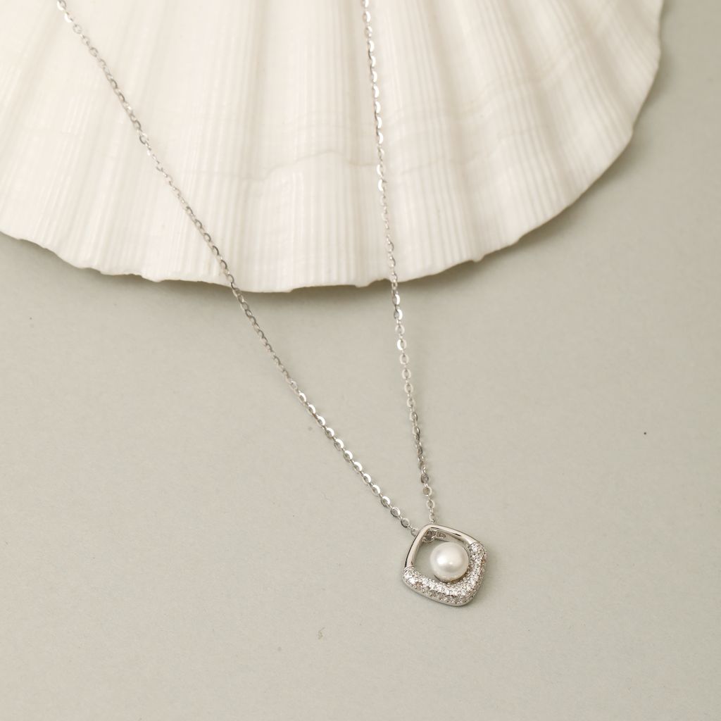925 Sterling Silver Pearl Pendant Necklace for Women | Cubic Zirconia Studded Elegant Chain | Minimalist Jewelry I Weight - 9 g view 2
