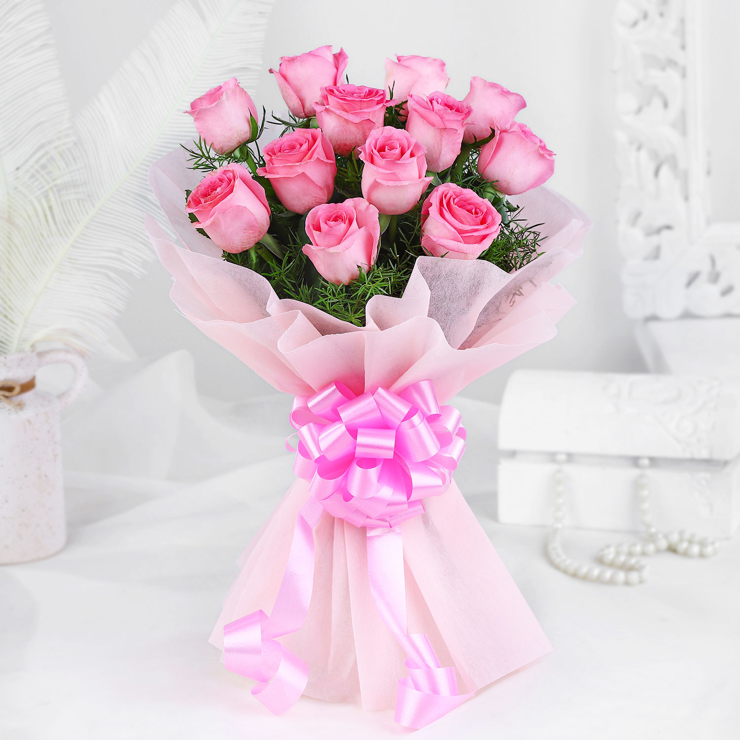 Endearing 12 Pink Roses Bouquet view 2