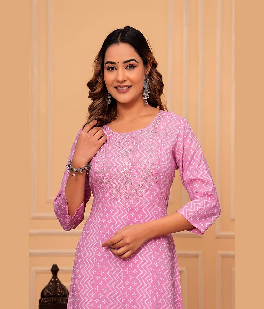 GlowWorld Cotton Printed Anarkali Women's Kurti - Pink ( Pack of 1 ) view 2