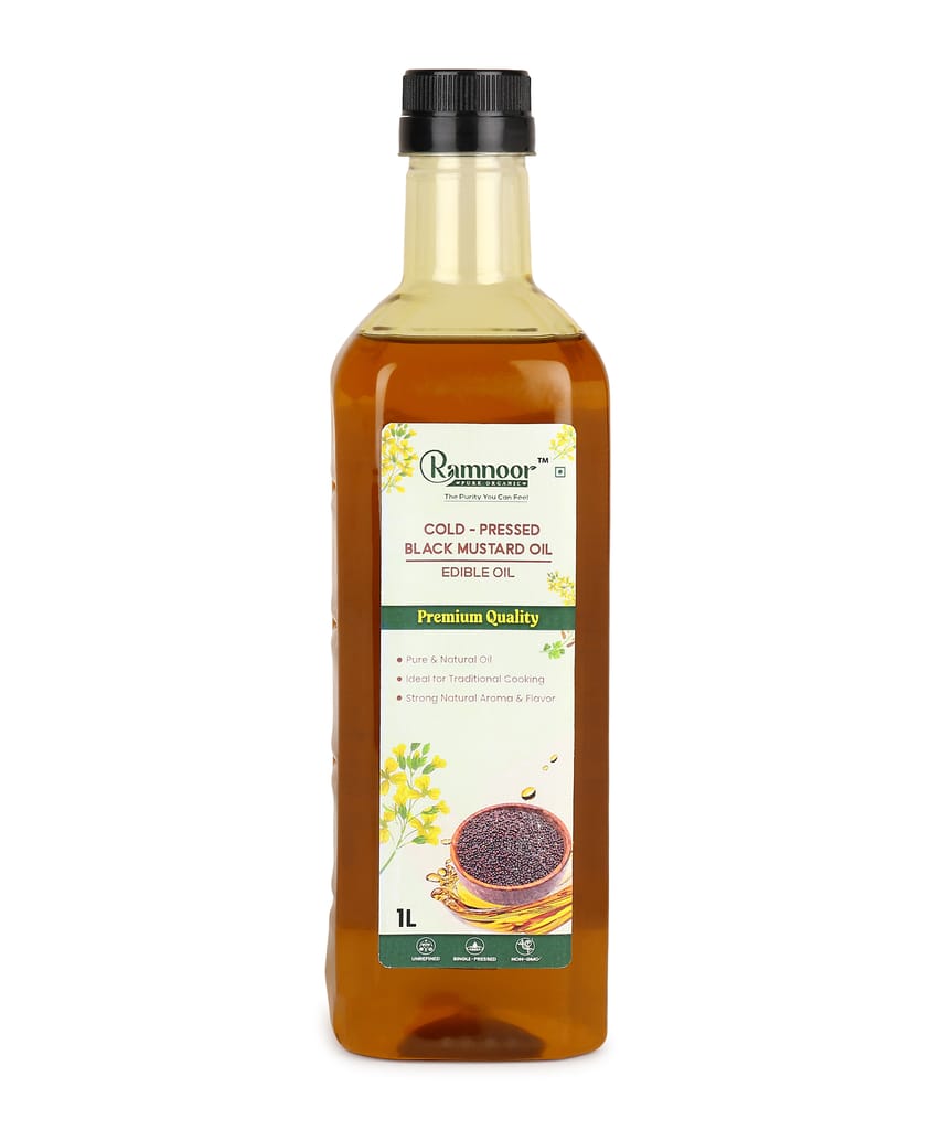 Ramnoor Pure Organic Cold Pressed Black Mustard Oil 1L | Kachi Ghani Sarson Tel | 100% Pure & Natural | Unrefined | Strong Aroma Cooking Oil