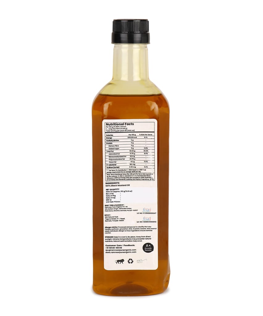 Ramnoor Pure Organic Cold Pressed Black Mustard Oil 1L | Kachi Ghani Sarson Tel | 100% Pure & Natural | Unrefined | Strong Aroma Cooking Oil view 2