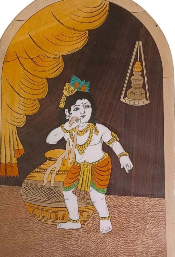 Wooden Lord Krishna Eating Makhan Painting view 2