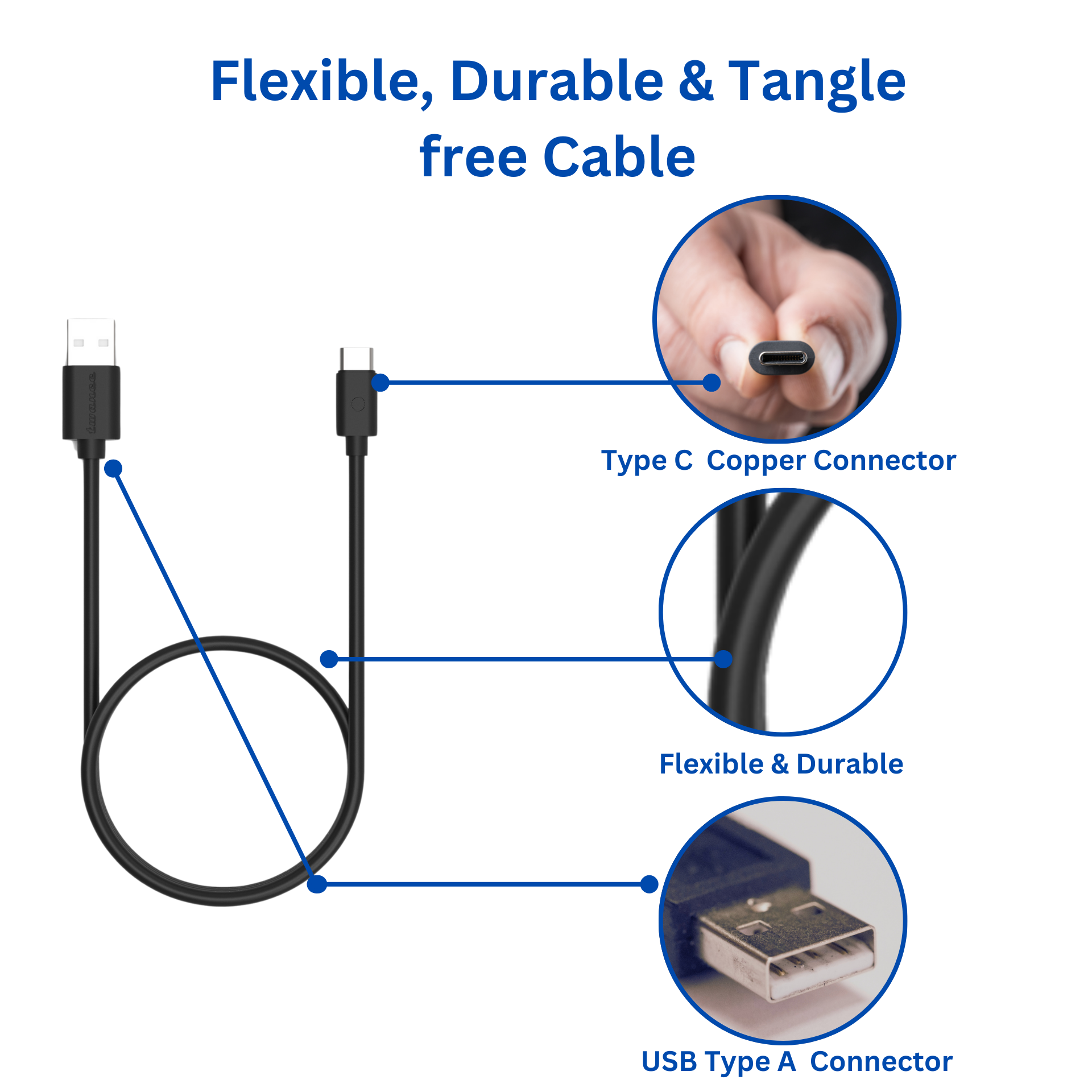 Twance T20 PVC - Type C to USB Charging & data transfer Cable, 1 M, Black view 2