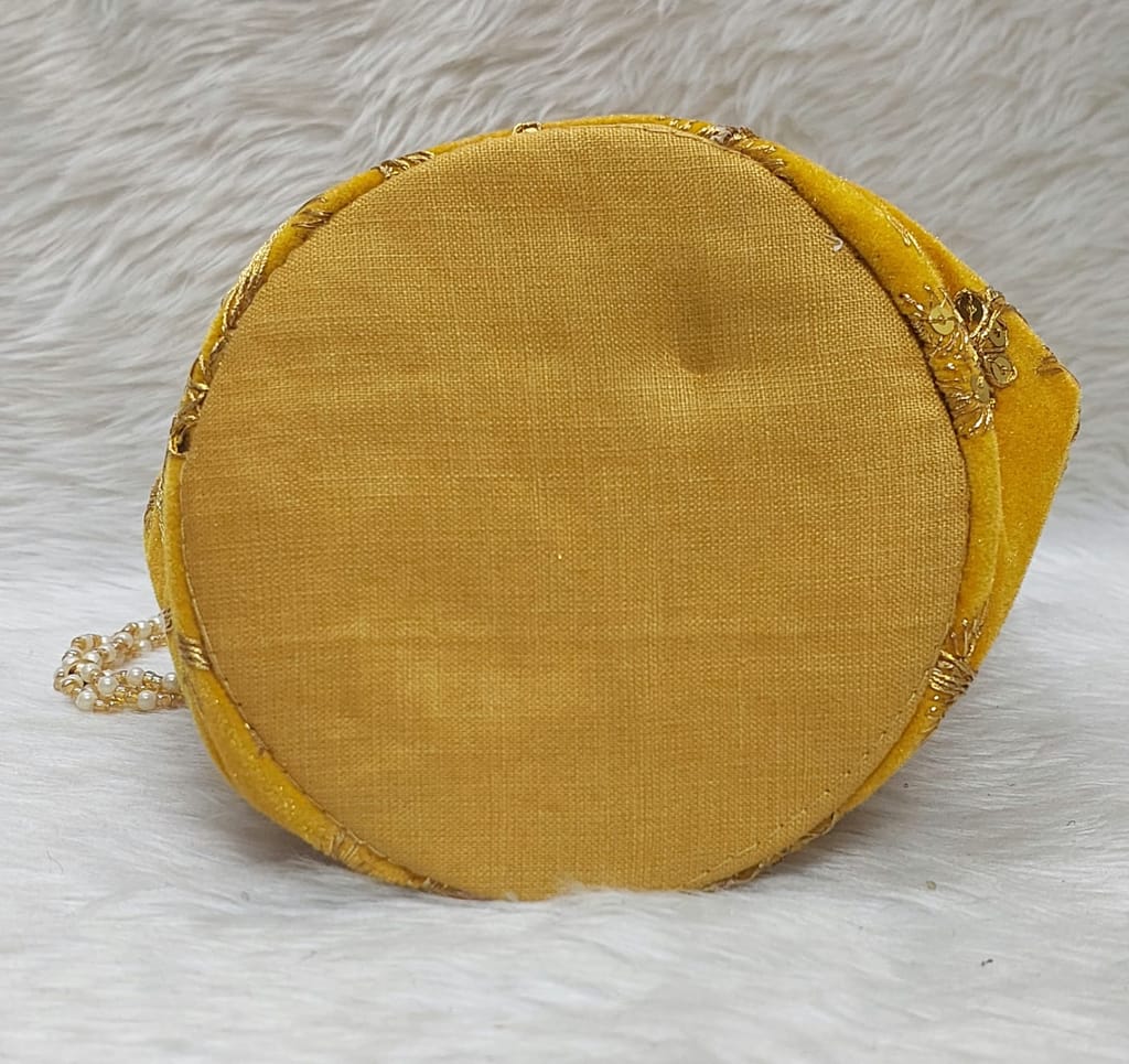 Traditional Mustard Velvet Potli Bag with Zari Embroidery & Pearl Handle view 2