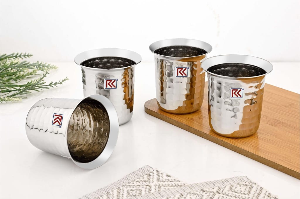 RK 18Guage Anand Glass 7 Stainless Steel Raindrop Hammered Finish Tableware Drinkware Tumbler Drinking Glasses for Home, Restaurants, Office Capacity 255Ml - Set of 4 Silver view 2
