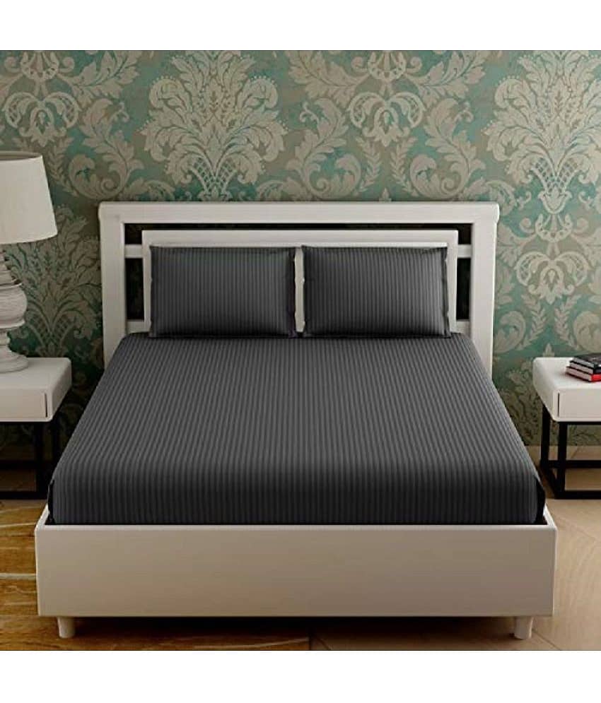 MAHALUXMI COLLECTION Microfibre Vertical Striped 1 Bedsheet with 2 Pillow Covers - Dark Grey view 2