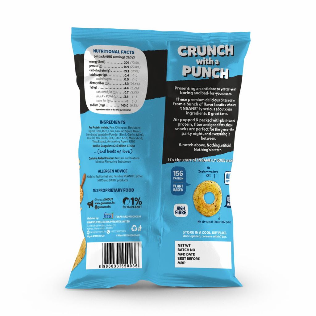 Insane Fit Protein Puffs | Basil Pesto 60g x 4 | Plant Protein | Roasted | Probiotics & Fibre | No Vegetable Oil view 2