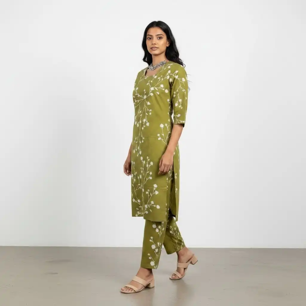 Mehendi Green Screen-Print Cotton Kurti and Trouser Set view 2