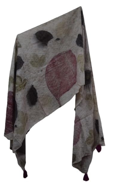 TULIP Traditional Artisians' Upliftment Livelihood Program Scarf with Leaf Print, Cream Base with Pink and Grey Leaves, Lightweight Fabric, Decorative Tassels view 2