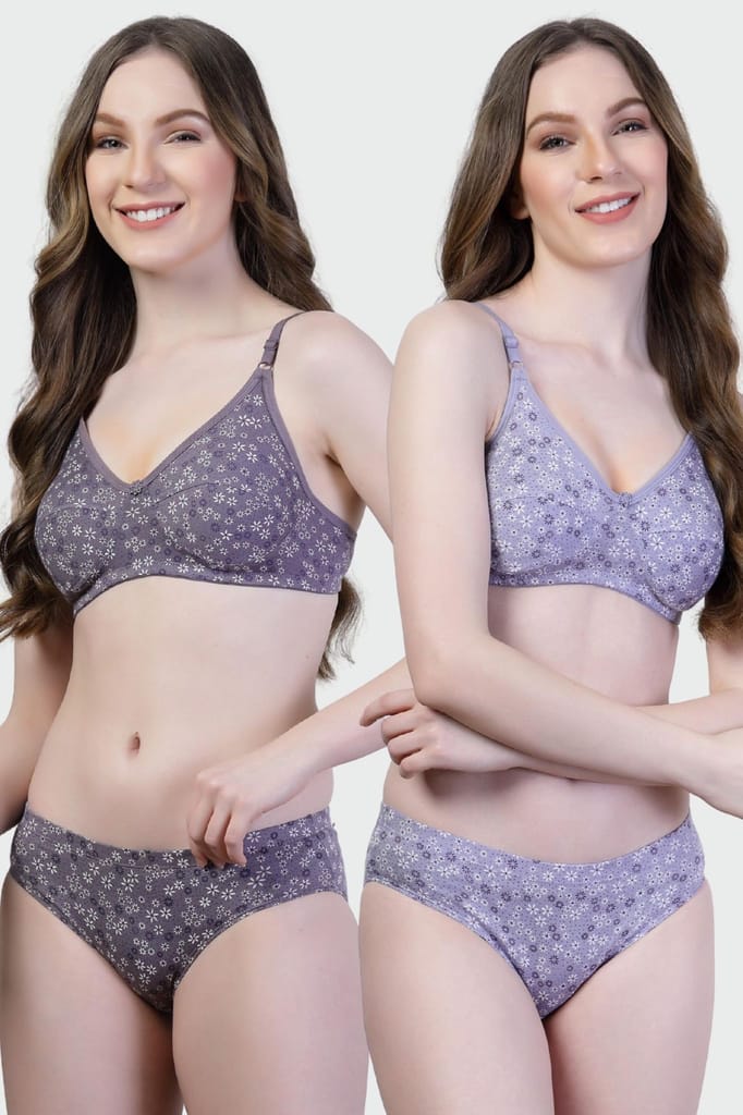 adornstar Women Cotton Lingerie Set with Floral Print Design | Non Wired and Non Padded Bra with Full Coverage Hipster Panty Set | Stylish and Soft Stretchable Fabric (Pack of 2) view 2