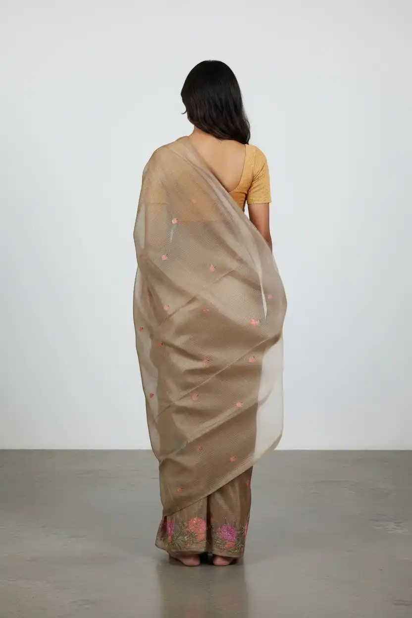 Handwoven Kota Doria Cotton-Silk Saree in Beige with Floral Zari Border view 2