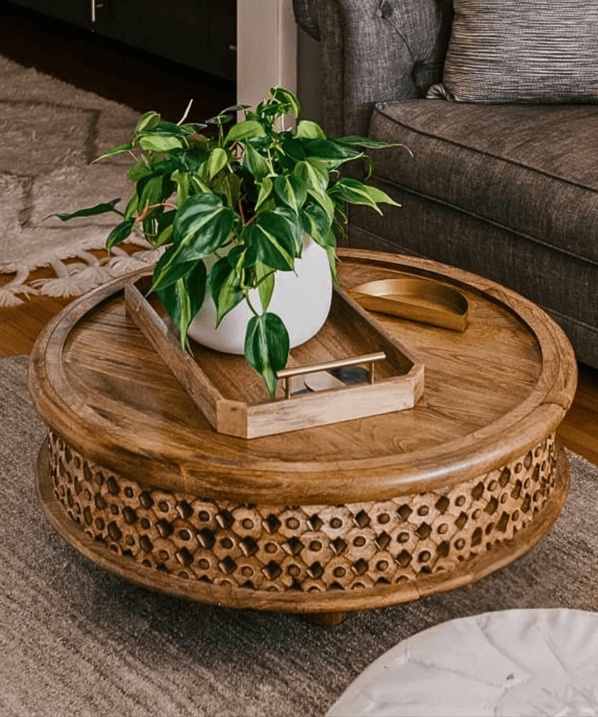 Niktan Export Wooden Carved Table in Raw Mango Lattice – Handcrafted Round Coffee Table for Living Room