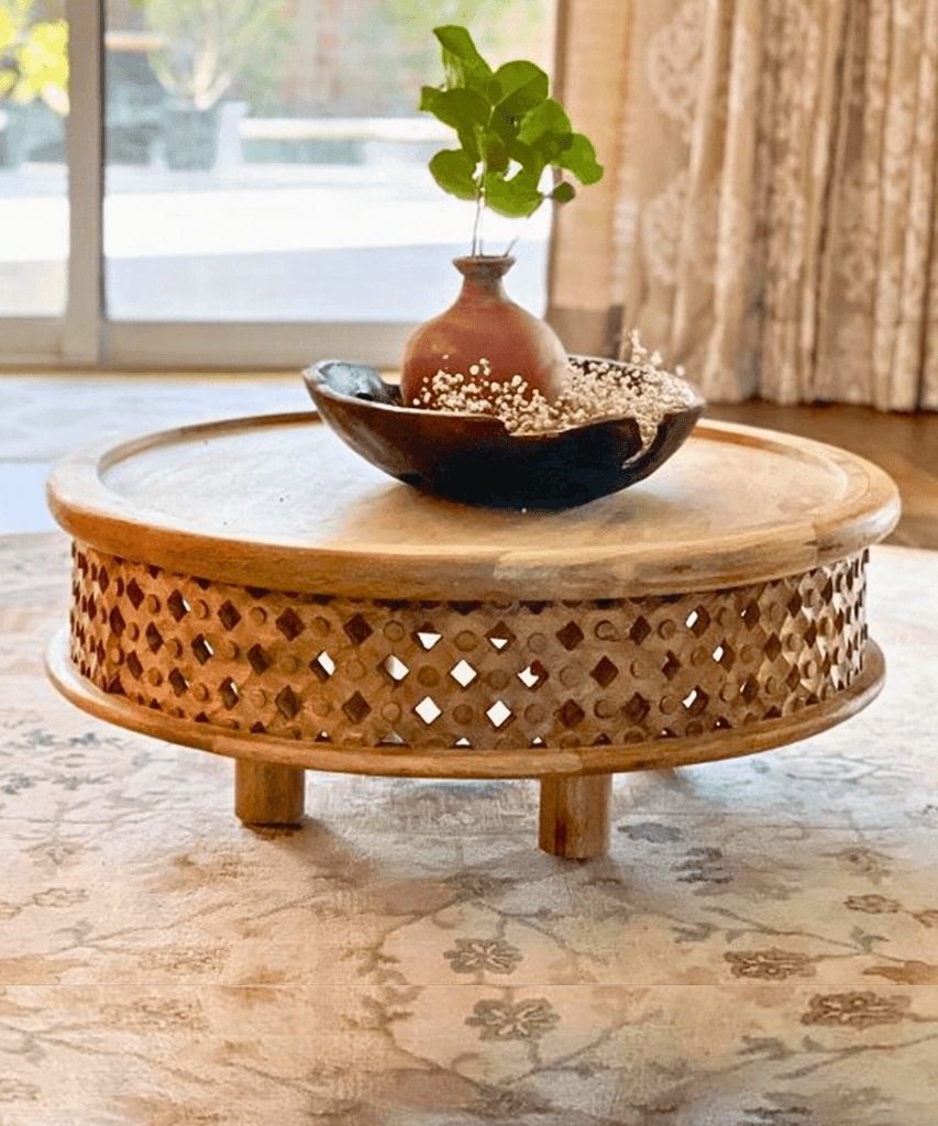 Niktan Export Wooden Carved Table in Raw Mango Lattice – Handcrafted Round Coffee Table for Living Room view 2