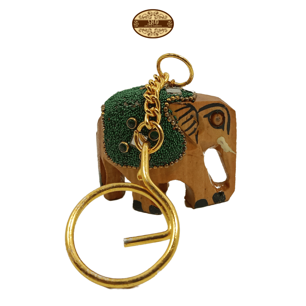 Handcrafted Wooden Elephant Key Chain, Decorative, Bajni Design, Green, 6.5 cm x 6 cm x 4.5 cm view 2