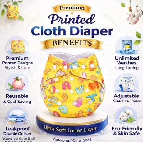 Pack of 5 Printed Reusable Washable Baby Cloth Diapers with 5 Premium Absorbent Inserts for Newborn & Infants, Adjustable and Leakproof view 2