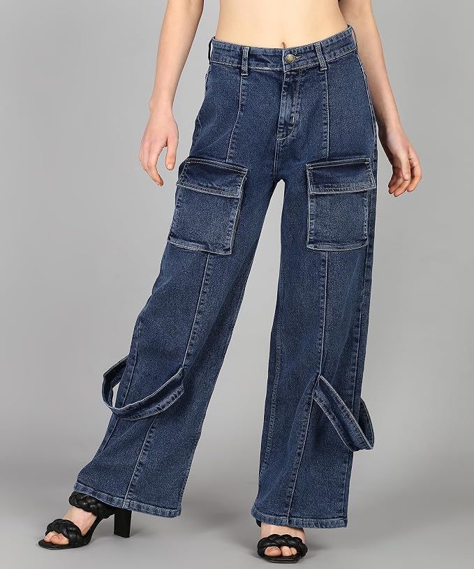 Glossia Fashion Women Cargo Jeans | High Rise Stretchable Baggy Wide LegDenim| Boyfriend Jeans for Women - Blue, 32 view 2