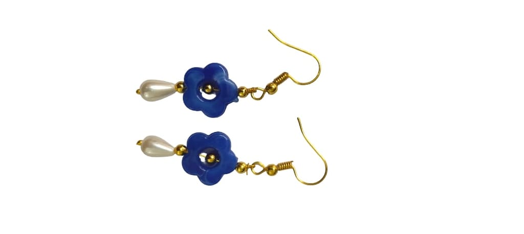 Blue Floral Drop Earrings with Pearl Accents view 2
