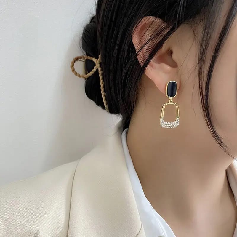 Elegant Black & Gold Crystal Drop Earrings - Modern Fashion Jewelry view 2