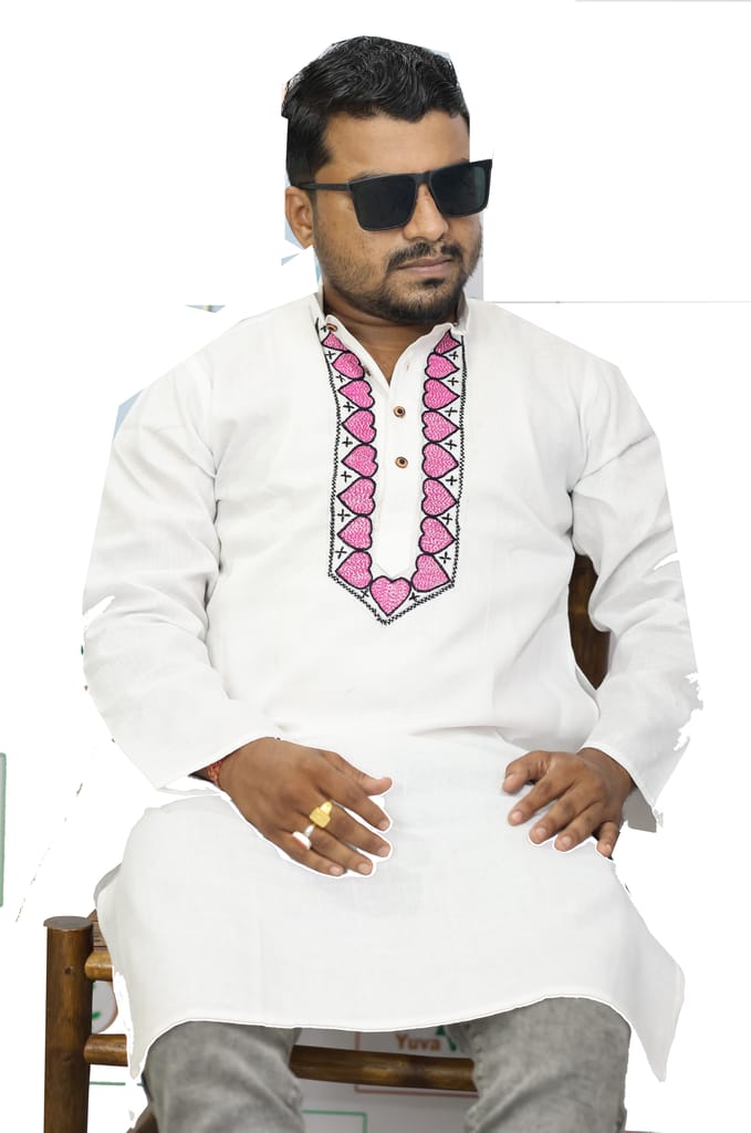 Embroidered White Kurta with Pink Heart Design view 2