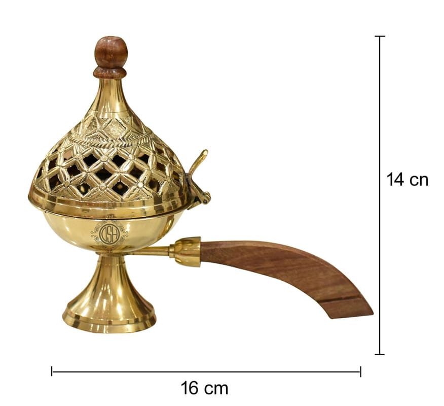 Brass Loban Burner Home Purifying Brass Dhoop Dani Bakhoor Holder Table Incense Burner with Wooden Handle for Home Decoration. (6 Inch) view 2