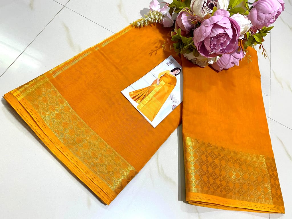 Cotton Saree Gold Border Yellow Color view 2