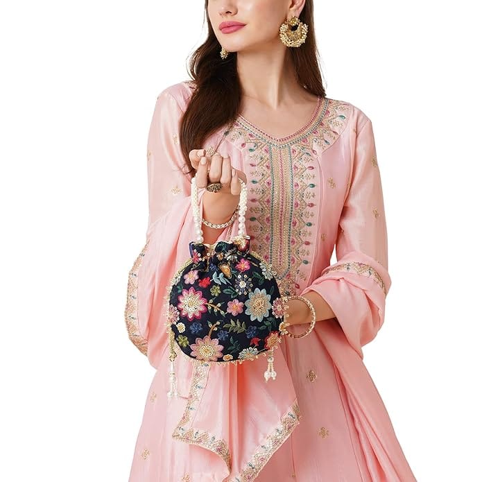 Women's Ethnic Potli Bag with Floral Embroidery and Pearl Handle for Party, Wedding and Festive Occasions (Blue) view 2