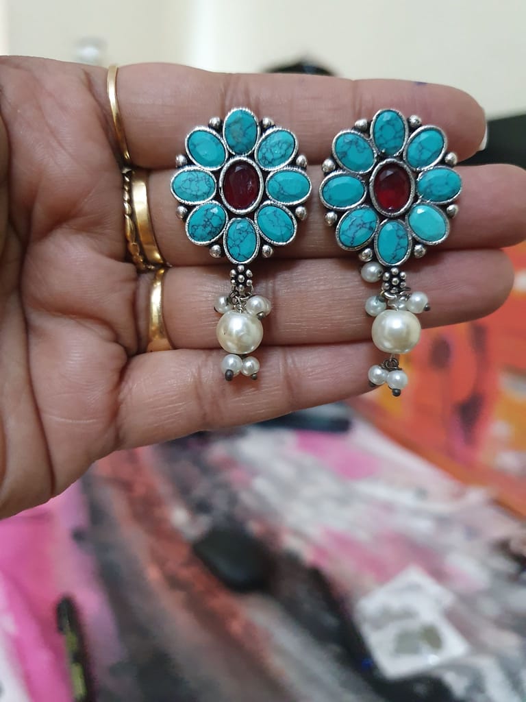 German Silver Oxidized Drop Studs earrings view 2