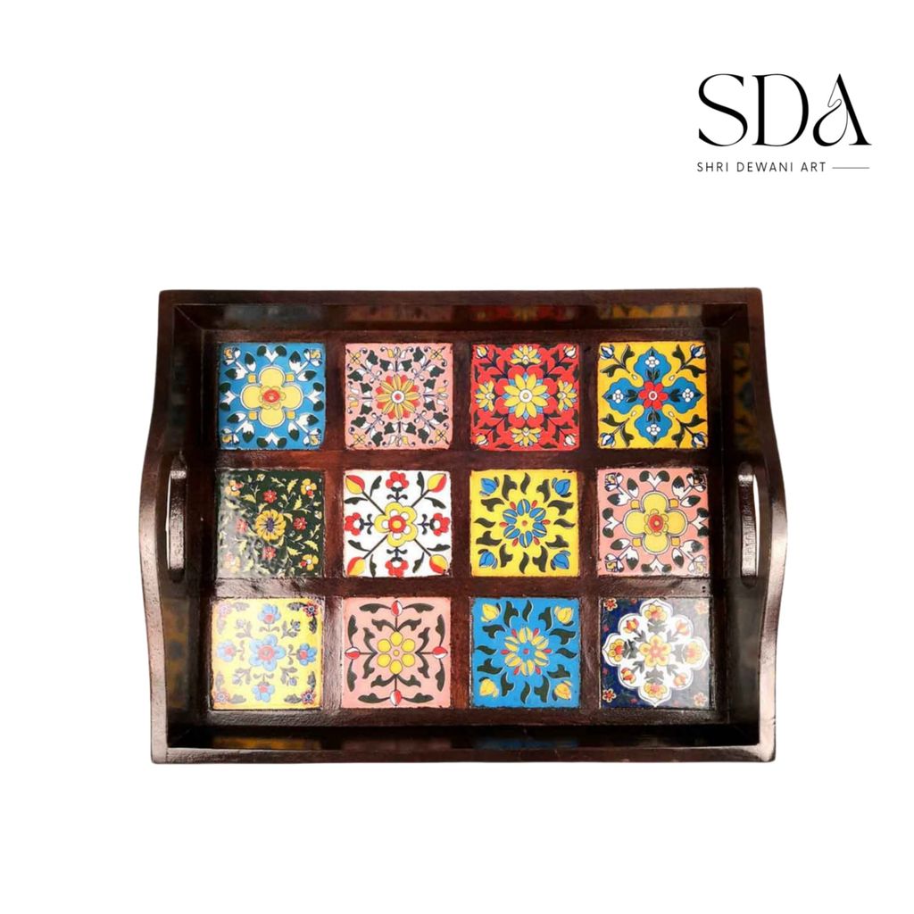 Wooden Tray With Ceramic Tile Base - For Serving, Kitchen, Dining Table Decor - 15 inch