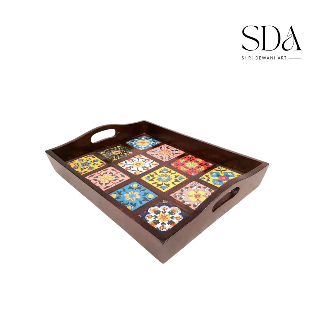 Wooden Tray With Ceramic Tile Base - For Serving, Kitchen, Dining Table Decor - 15 inch view 2