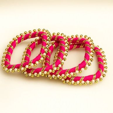 Handmade Thread Bangles with Gold & Pearl Beads Set of 4