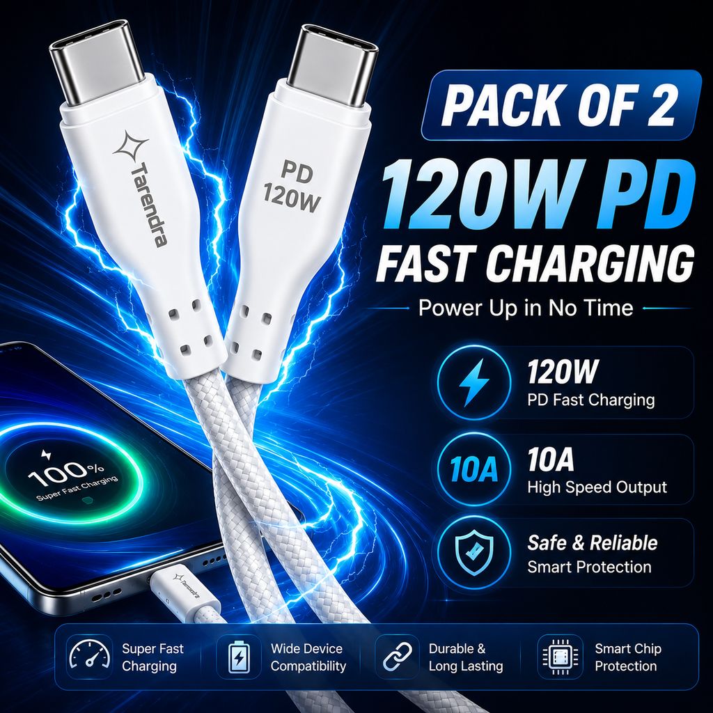 Tarendra Type C to Type C Fast Charging Cable 2 Meter 120W 10A PD Braided USB C Cable for Samsung, OnePlus, Realme, Redmi, Xiaomi, Vivo, Oppo, IQOO & All Type C Devices view 2